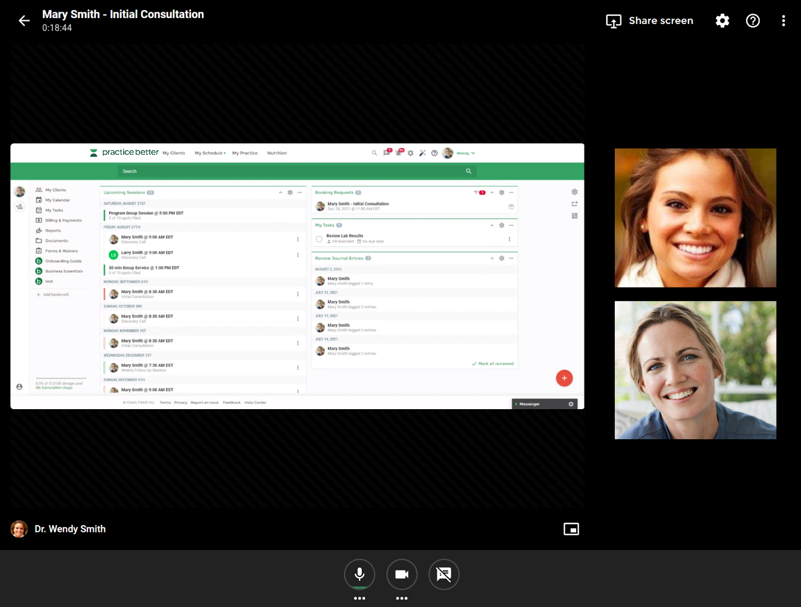 Image of Practice Better's HIPAA compliant telehealth interface.