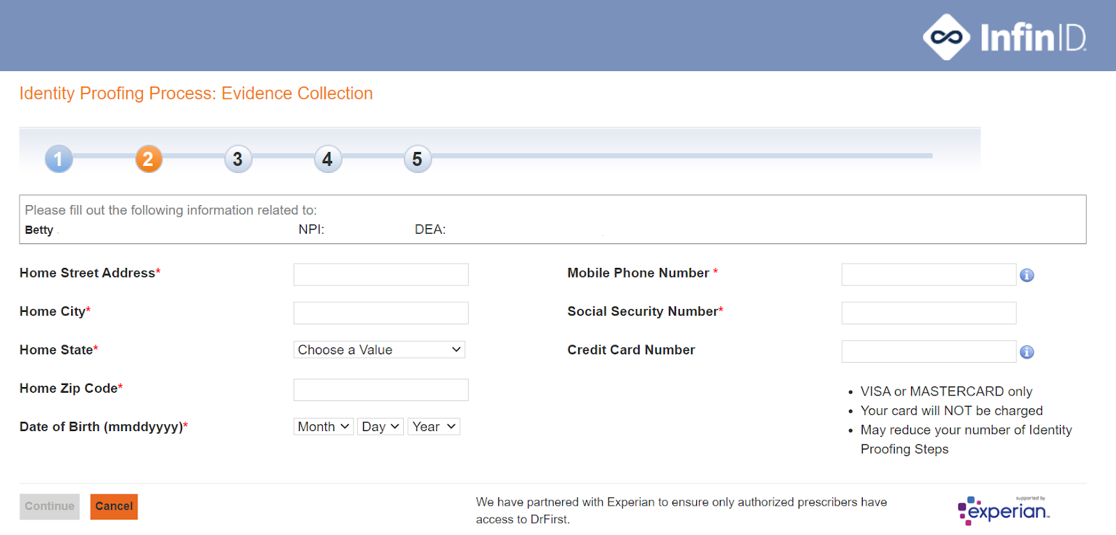Screen where providers enter personal information.