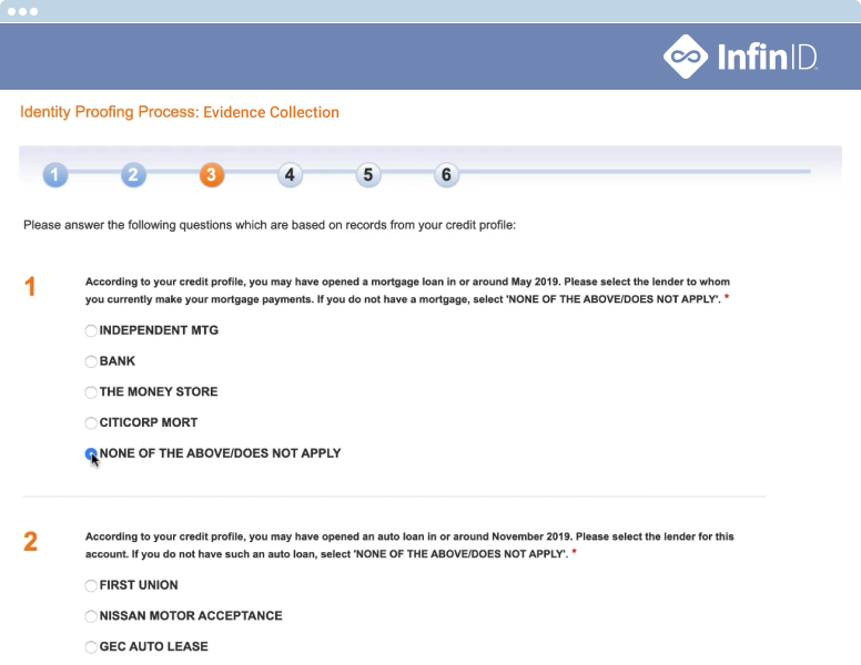 Screen where providers answer security questions.